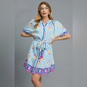 Umgee Floral Print Tie Waist Short Sleeve Dress